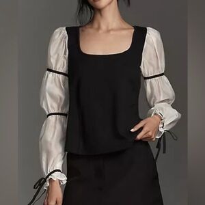 Maeve Black and White Blouse with Sheer Sleeves